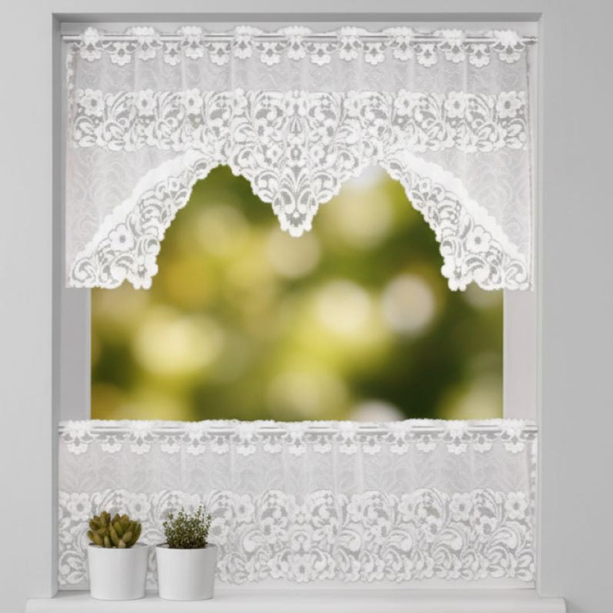 Jacquard Oberbogenset weiß von Albani - Scheibengardine für kleine Fenster
