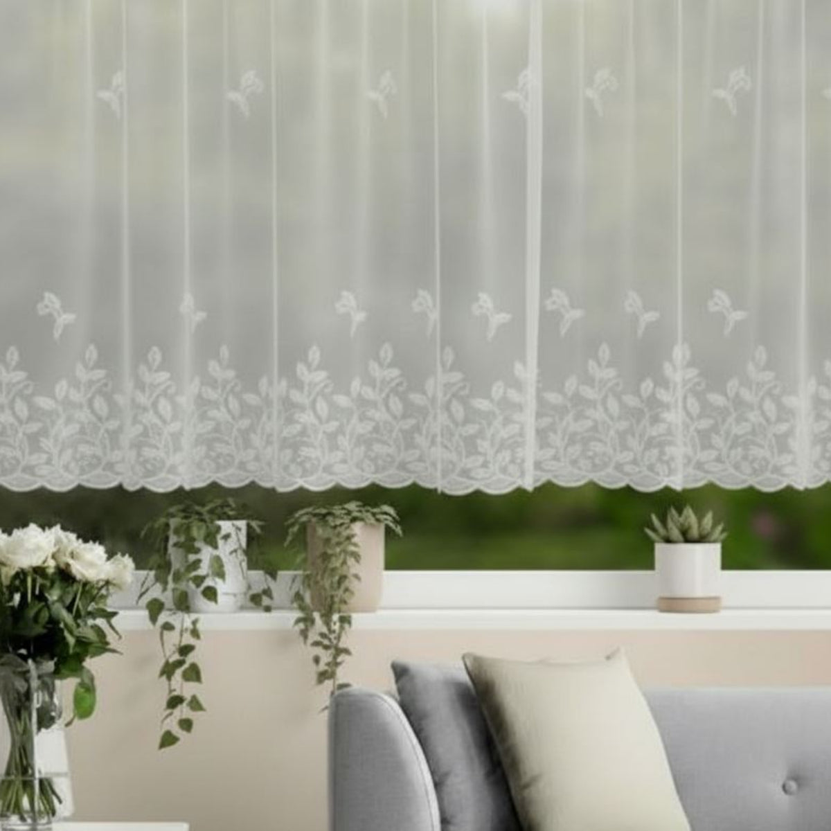 Jacquard Blumenfensterstore weiß - Fertigstore von Albani mit Gardinenband