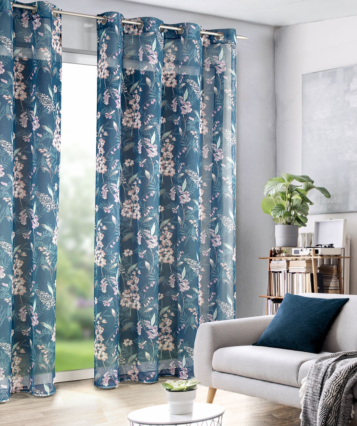 Ösenvorhang Cornelia blau von Albani - Ösenvorhang mit Blumenmuster