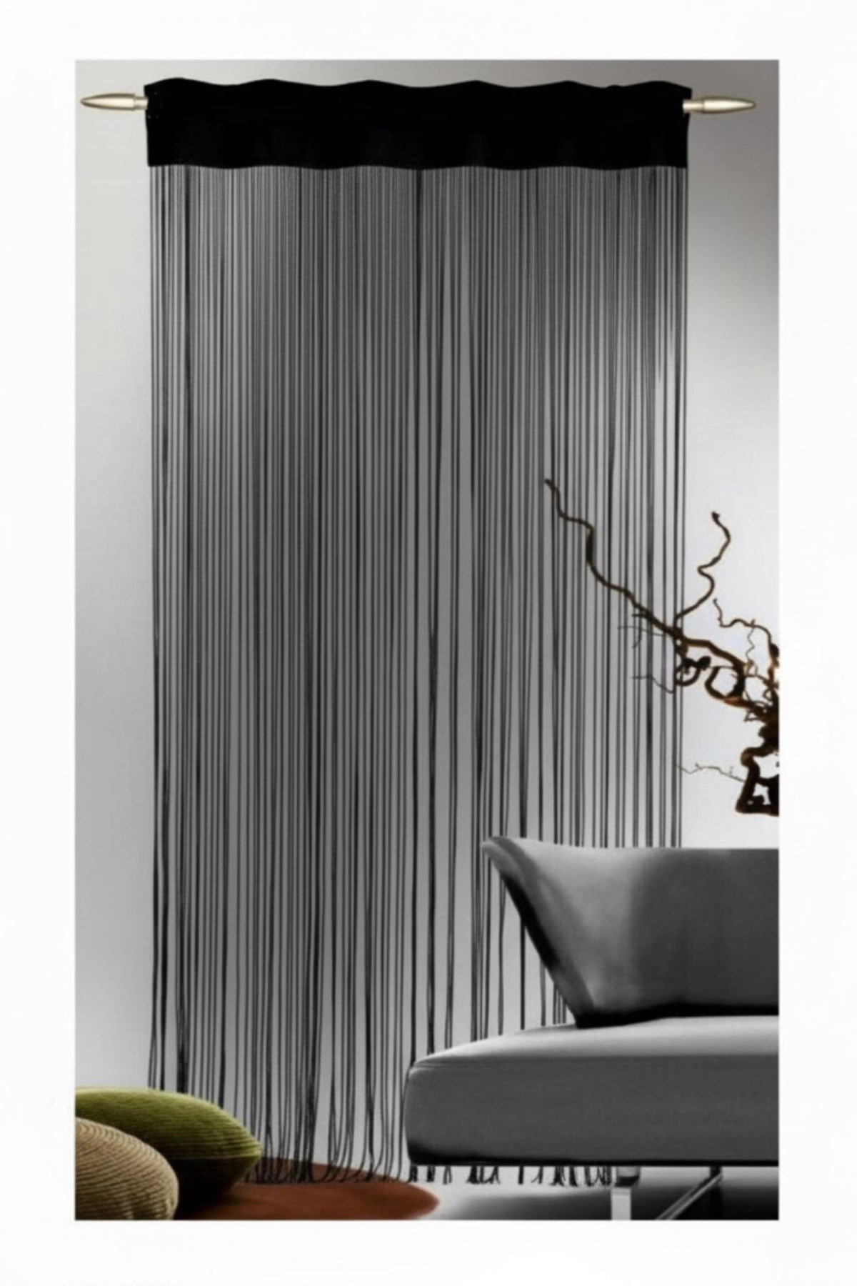 Jacquard Fransenstore schwarz - Fadengardine mit Tunneldurchzug