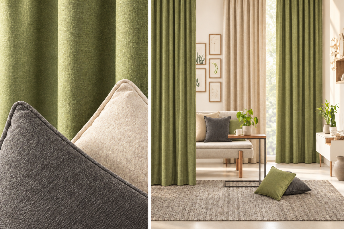 Salbeigrüne und beige Vorhänge in einem hellen modernen Wohnzimmer